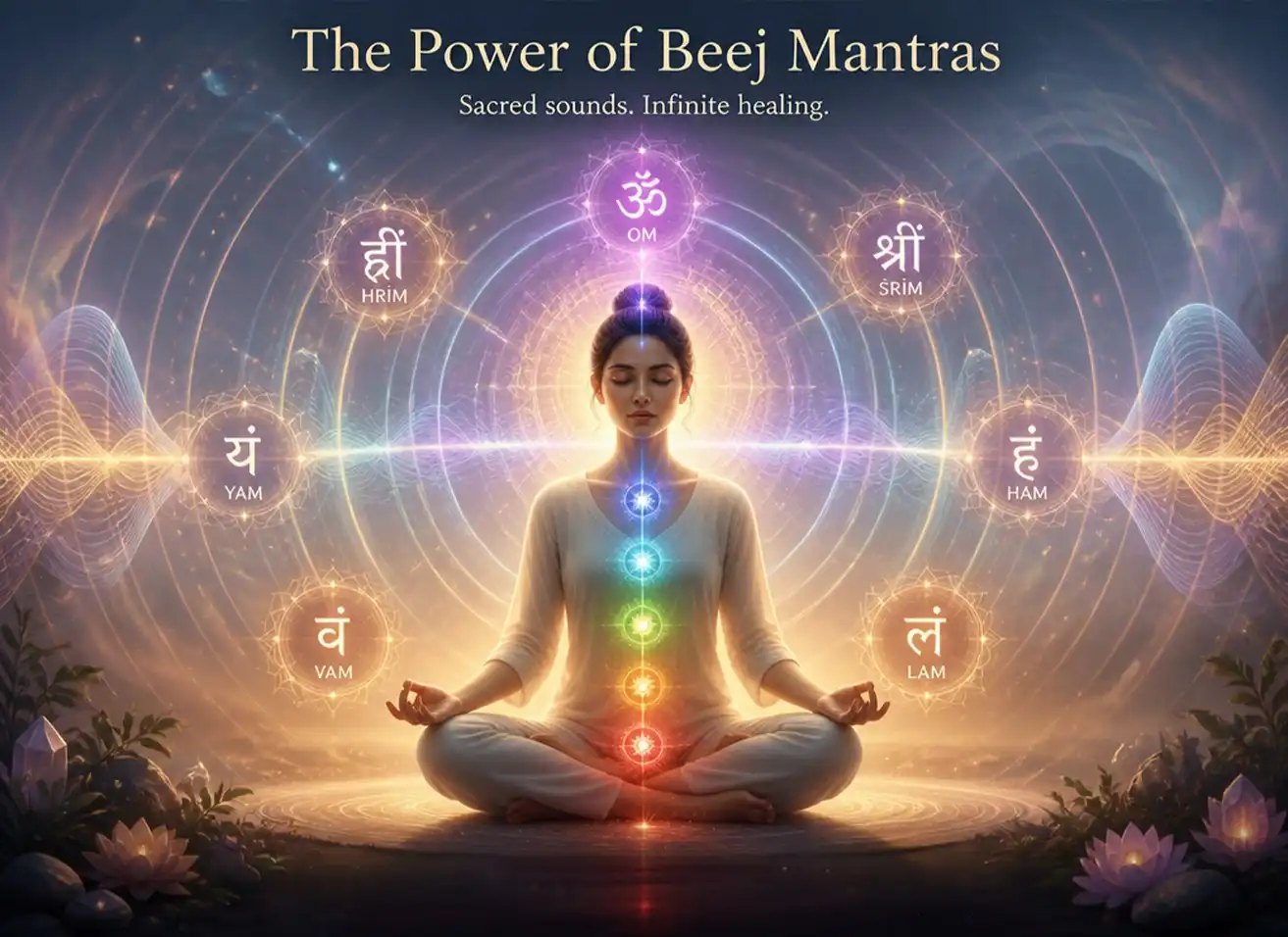 Illustration of sacred Beej Mantras creating healing sound frequencies for mind and body balance at Nabatara Foundation