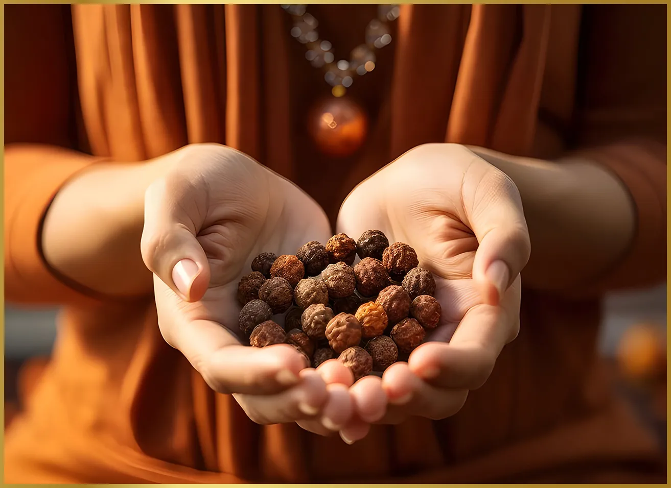 Natural Rudraksha seeds on a tree, symbolizing spiritual connection and divine energy